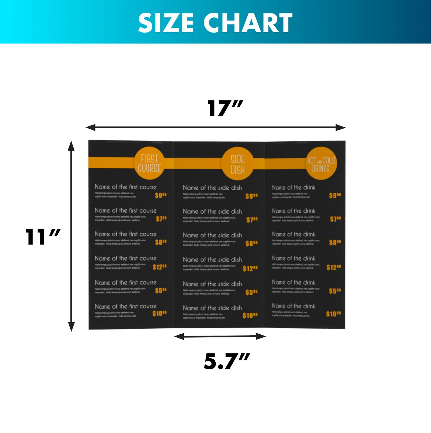 Menús de papel de tres pliegues - Folletos personalizados de 11" x 17" con 6 paneles
